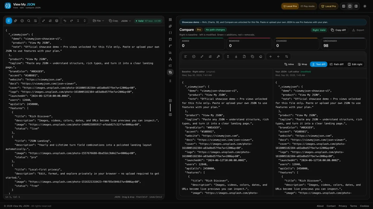 Compare view next to the JSON editor