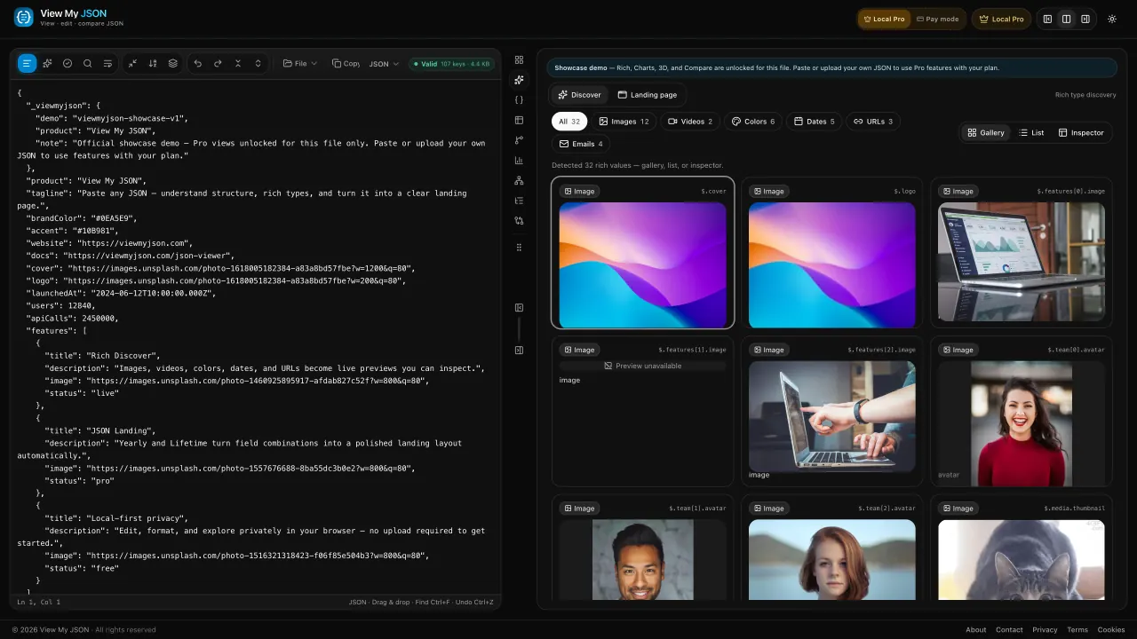 Rich Discover gallery of images, videos, colors, and dates from JSON