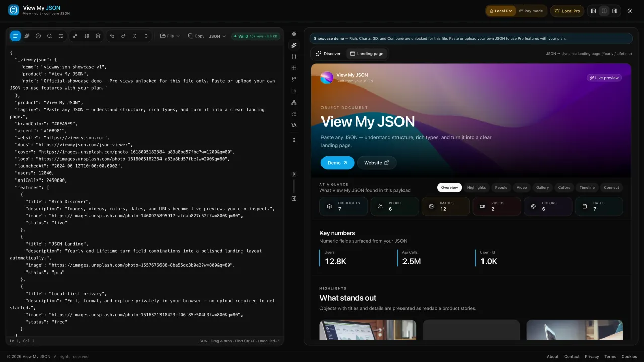 Editor beside a JSON-generated landing page preview