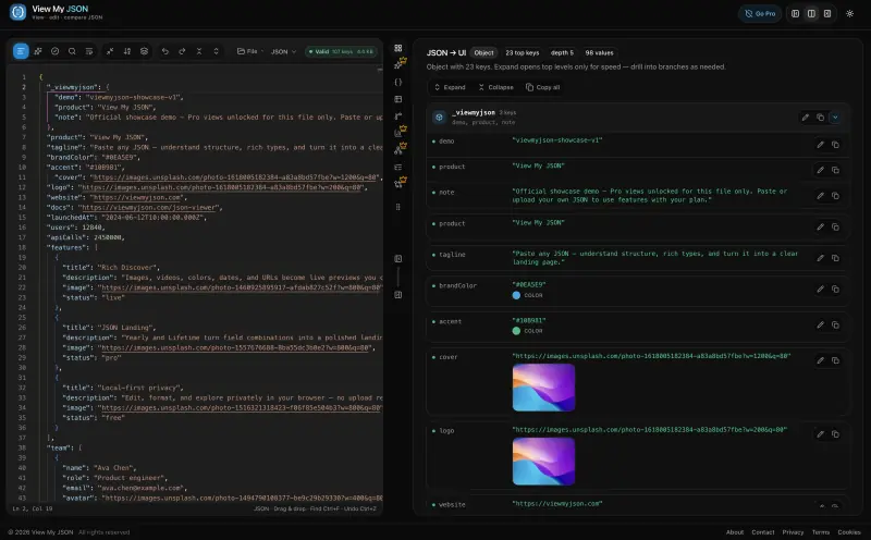 View My JSON — free online JSON viewer, formatter and validator with cards, table, and media previews